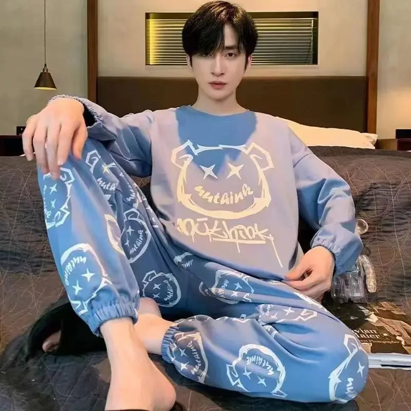 Men's Pajamas Set of Spring and Autumn Long-Sleeved Long Trousers Student Sleepwear Homewear Two-Piece O-Neck Top Plaid Trouser