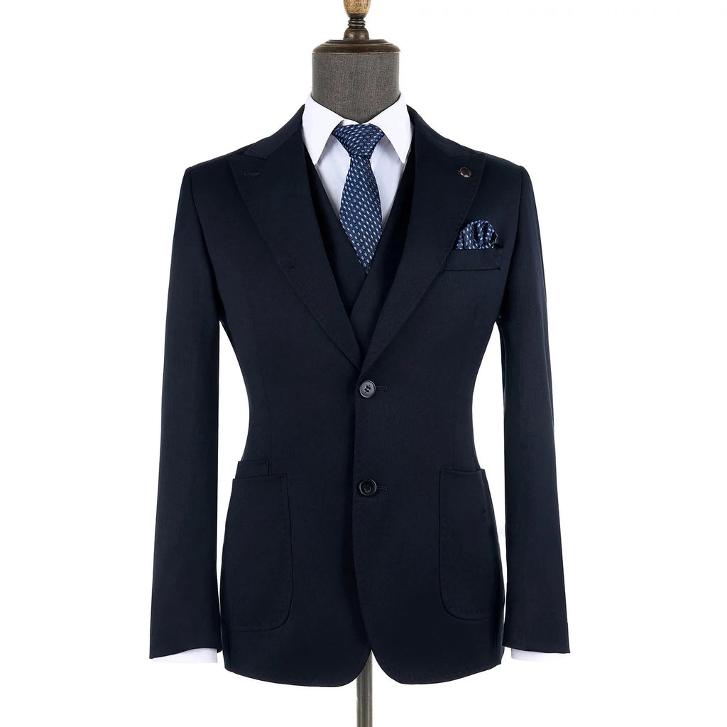 2025 Men Suits Navy Blue Black Stripe with Patch Pocket Meeting Wedding Daily Use Blazer Vest Pants 3 Pieces Set