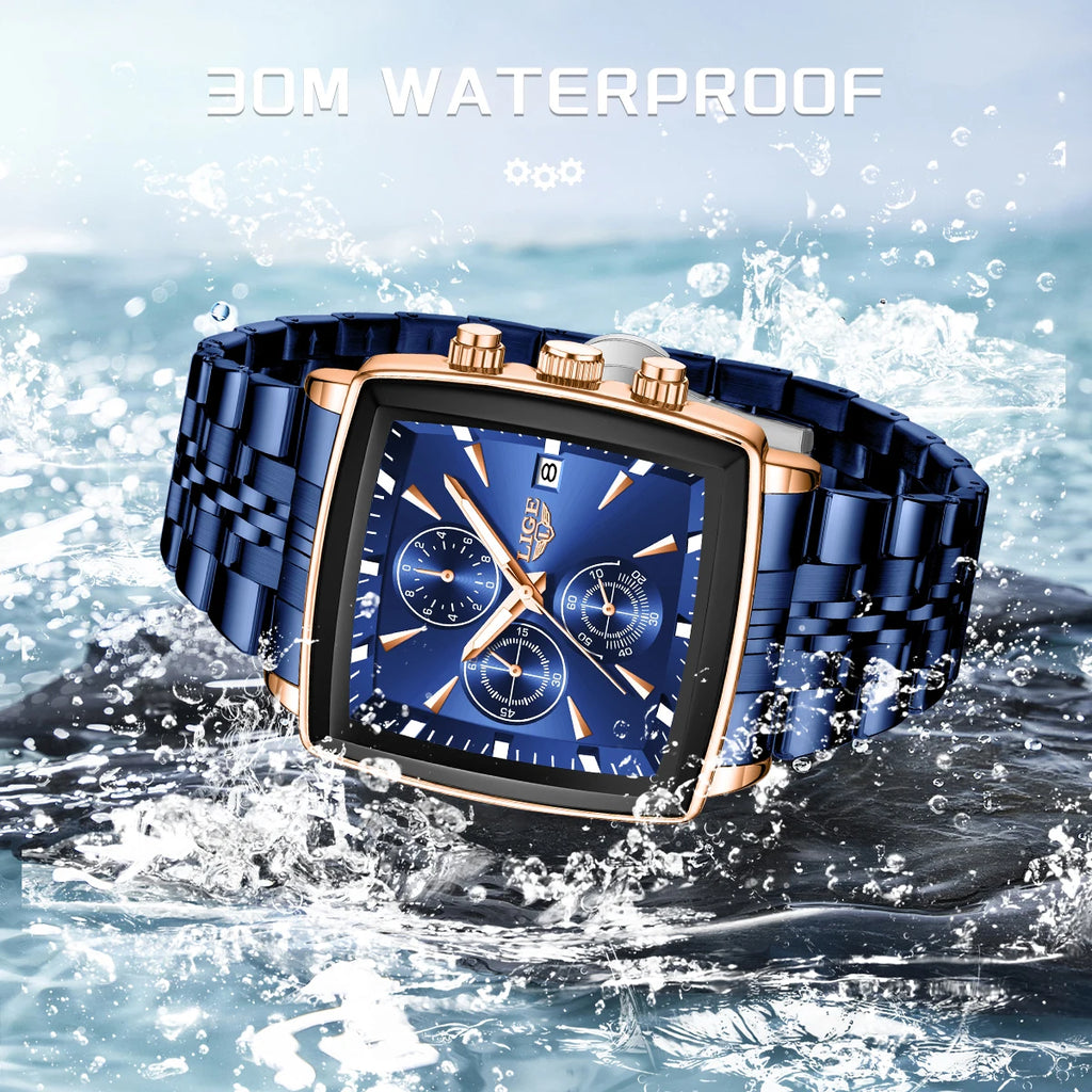 LIGE New Luxury Business Men Wristwatch Chronograph Waterproof Luminous Calendar Watch For Men Square Quartz Men's Watches Reloj