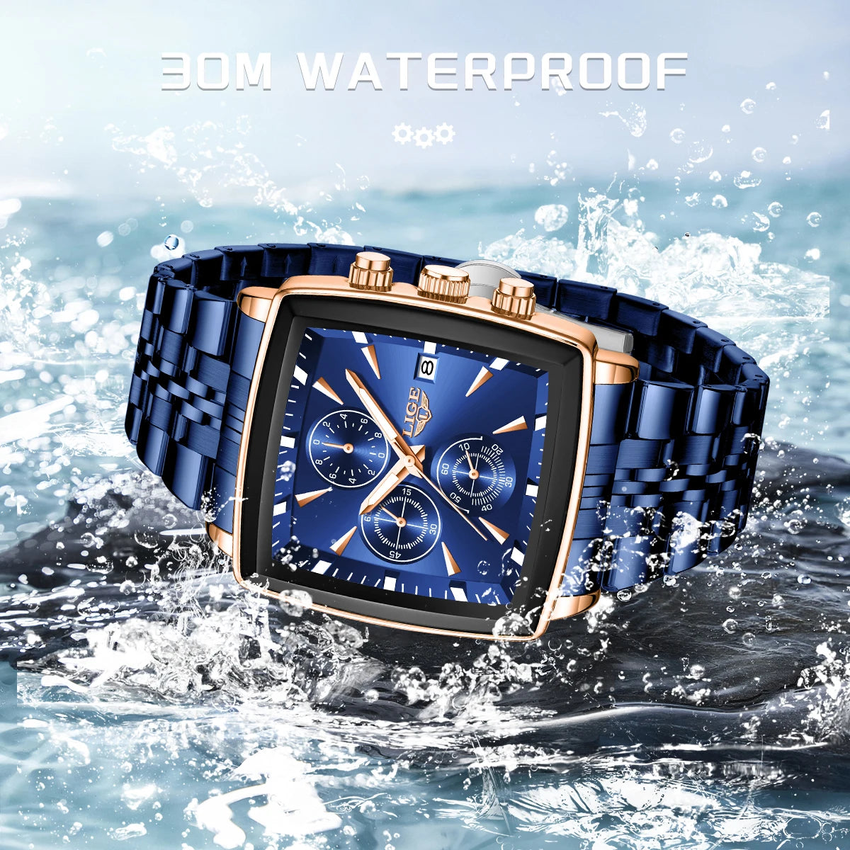 LIGE New Luxury Business Men Wristwatch Chronograph Waterproof Luminous Calendar Watch For Men Square Quartz Men's Watches Reloj