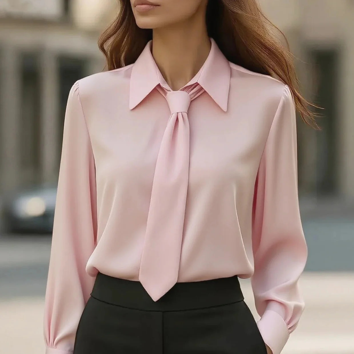 Women's Shirt Formal Bow Tie Design Shirt New Long Sleeve Solid Loose Office Shirt Tops Elegant Fashion Spring Autumn Blouse