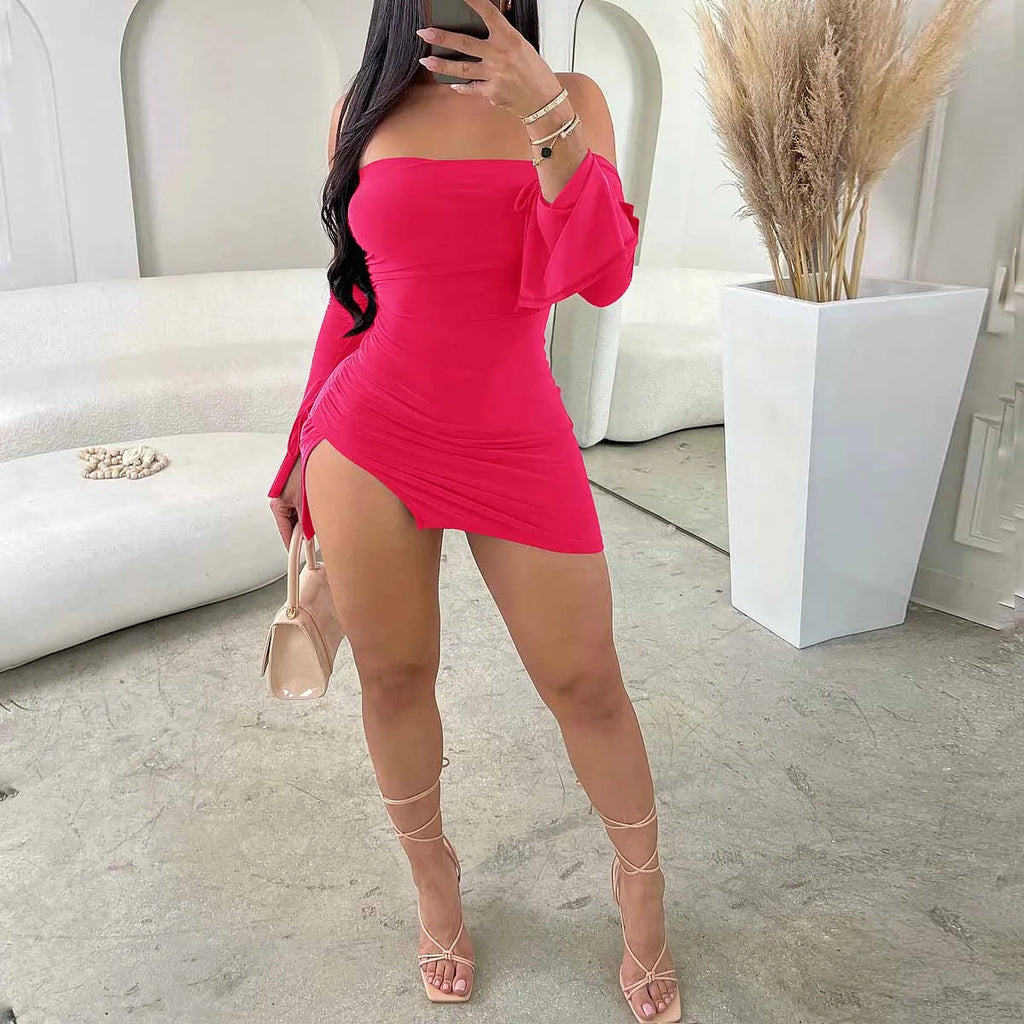 Women's Black Strapless Backless Mini Dress Off-Shoulder Long Sleeve Bodycon Club Party Dress for Women