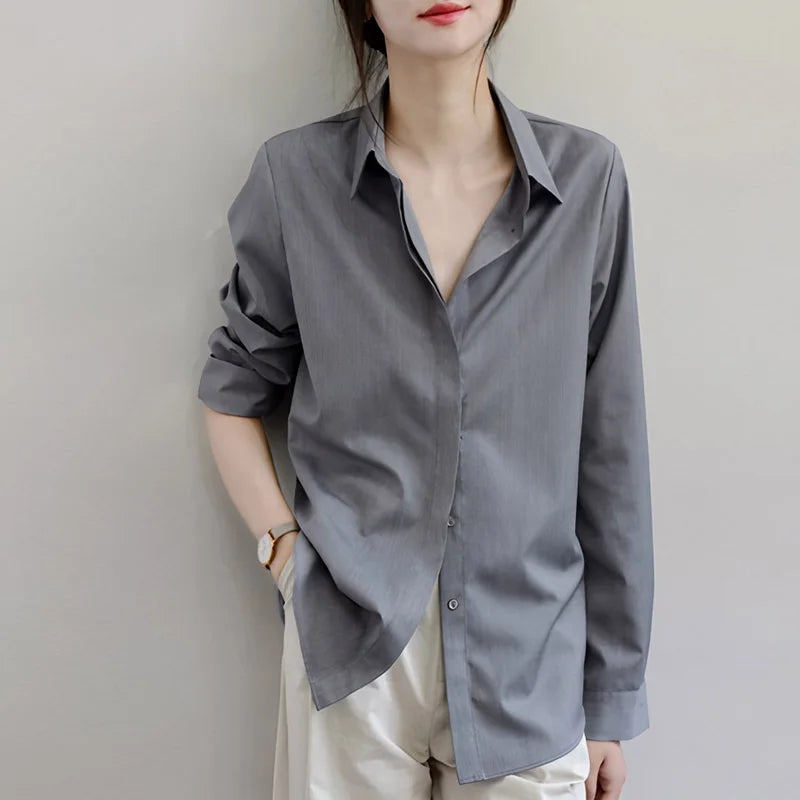 Spring Autumn Vintage Grey Loose Women's Blouse 2025 New Long Sleeve Single Breasted Korean Casual Office Lady Shirts Female