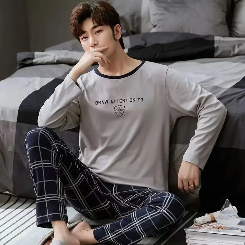 Men's Pajamas Set of Spring and Autumn Long-Sleeved Long Trousers Student Sleepwear Homewear Two-Piece O-Neck Top Plaid Trouser