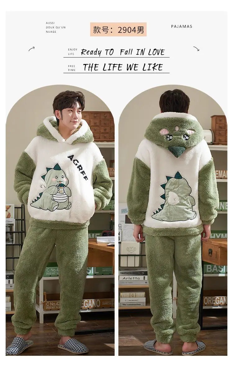 Couples Pajamas Women Men Winter Thicken Pyjamas Sleepwear Cartoon Dinosaur Korean Lovers Homewear Soft Warm Hoodies Pijama