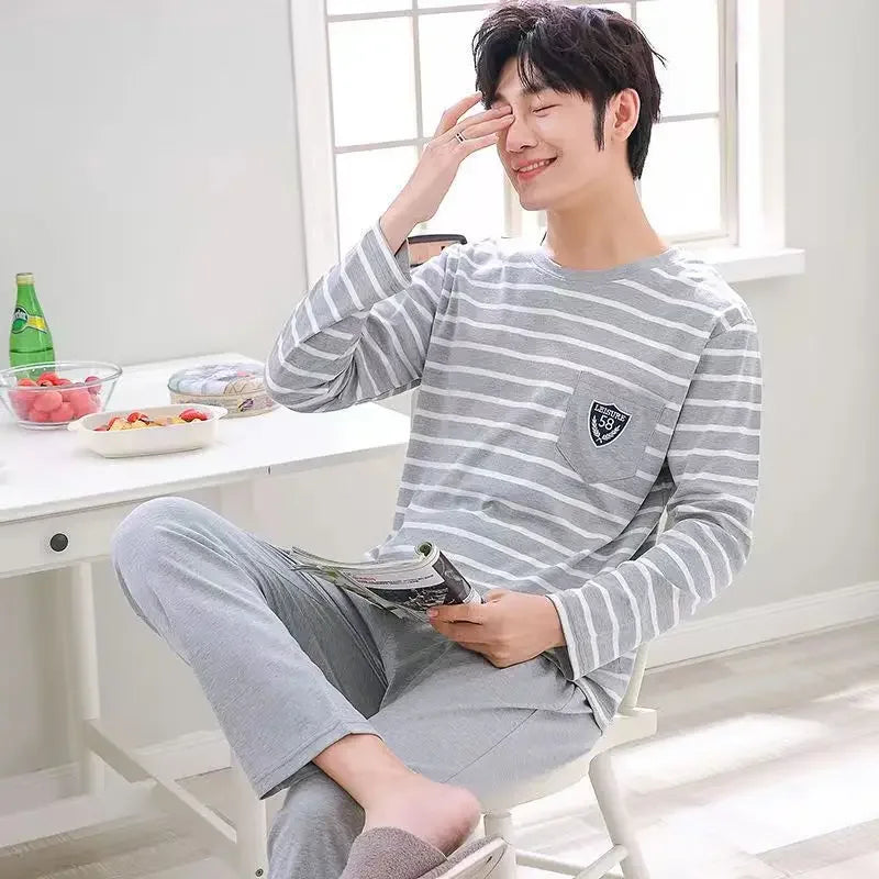 Men's Pajamas Set of Spring and Autumn Long-Sleeved Long Trousers Student Sleepwear Homewear Two-Piece O-Neck Top Plaid Trouser