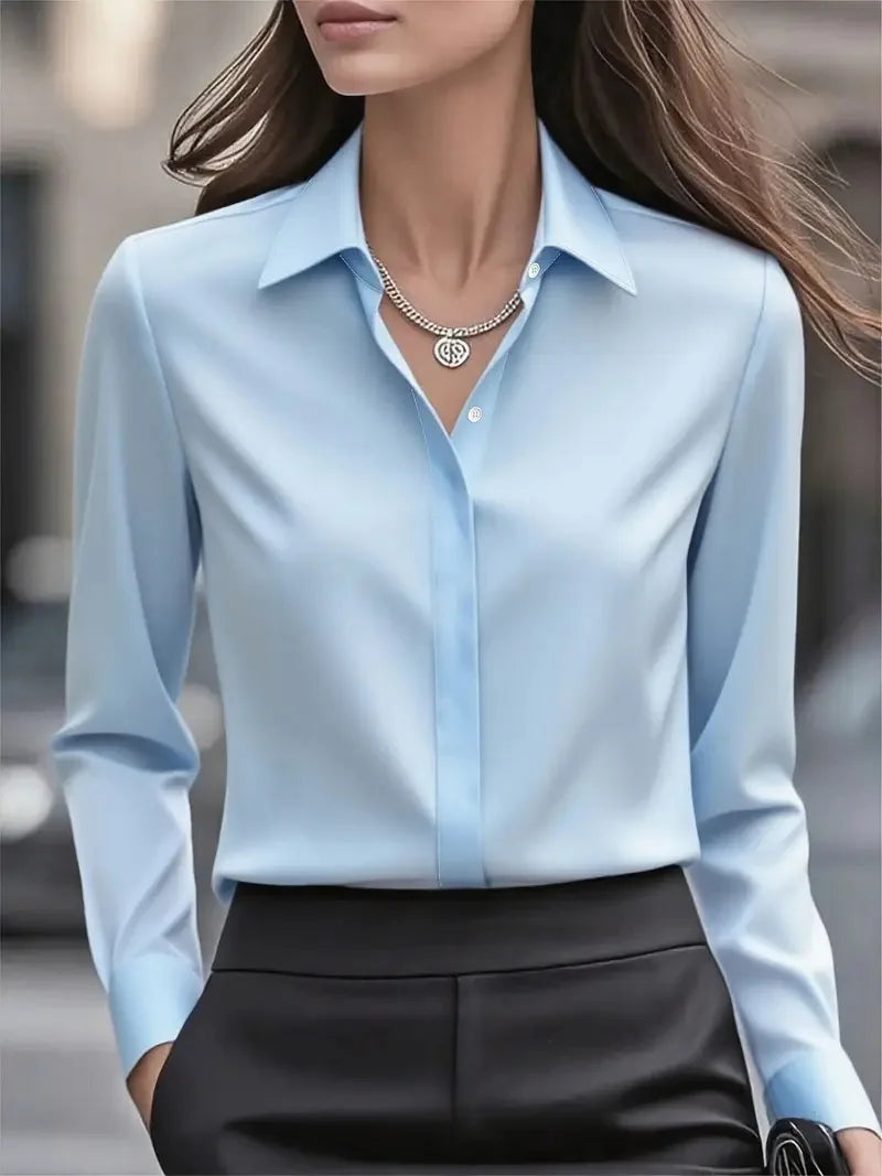 Temperamental commuting solid colour French niche lapel satin long-sleeved shirt top women
