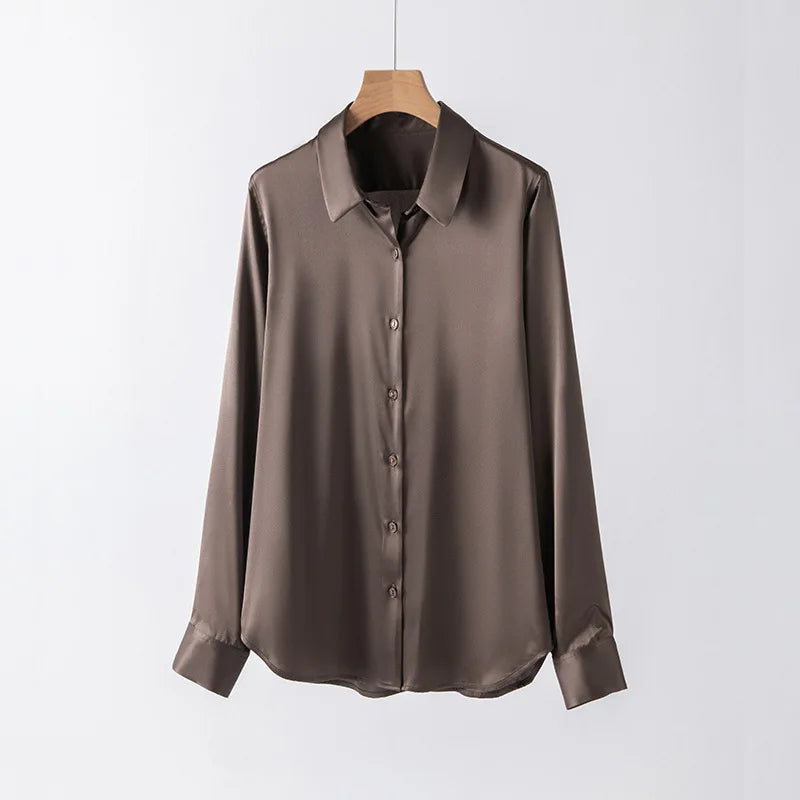 Woman Silk Shirt Long-sleeved Satin Women Blouse 19mm Mulberry Silk Blouse Loose Versatile Base Shirt 95% Natural Silk+5%Spandex