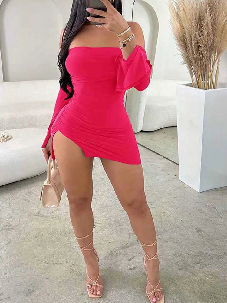 Women's Black Strapless Backless Mini Dress Off-Shoulder Long Sleeve Bodycon Club Party Dress for Women