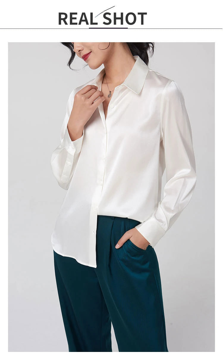 Woman Silk Shirt Long-sleeved Satin Women Blouse 19mm Mulberry Silk Blouse Loose Versatile Base Shirt 95% Natural Silk+5%Spandex