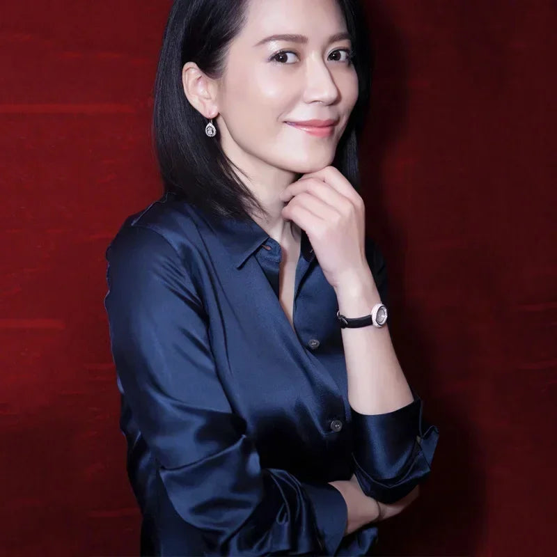 Woman Silk Shirt Long-sleeved Satin Women Blouse 19mm Mulberry Silk Blouse Loose Versatile Base Shirt 95% Natural Silk+5%Spandex