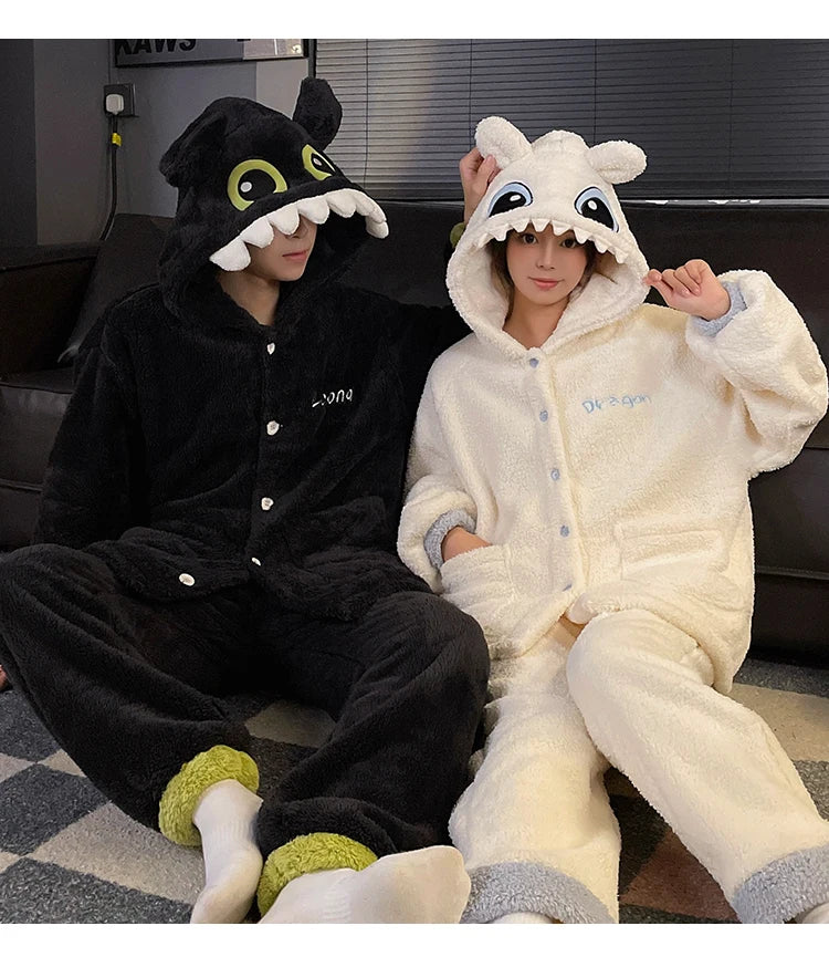 DAIMELU Toothless Boy Couple Pajamas Women's Autumn sleepwear Coral Fleece Fleece Thickened Hooded Men's Winter nightwear Set