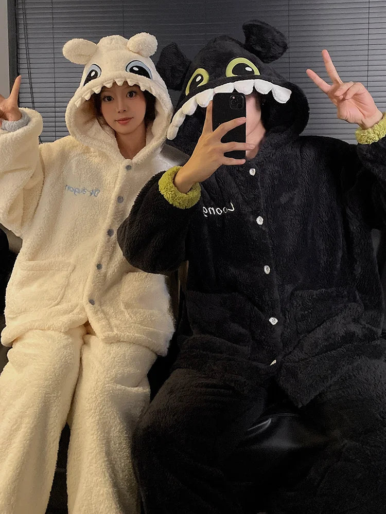DAIMELU Toothless Boy Couple Pajamas Women's Autumn sleepwear Coral Fleece Fleece Thickened Hooded Men's Winter nightwear Set