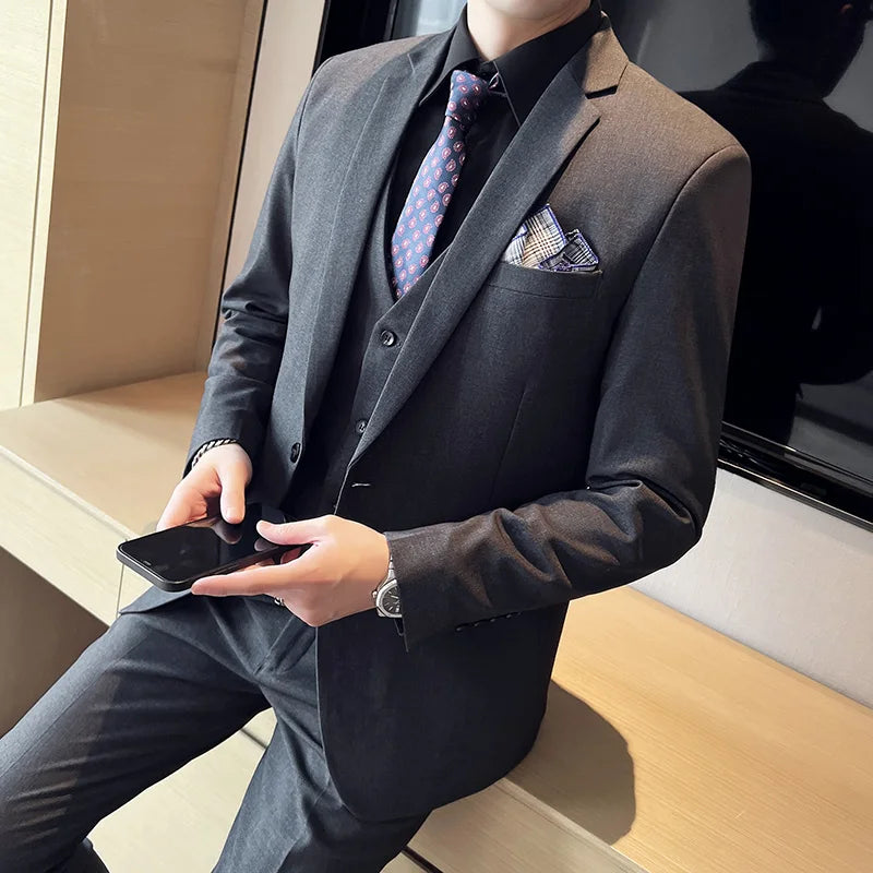High quality fashion business (suit + vest + trousers) British style men's casual boutique handsome three-piece set