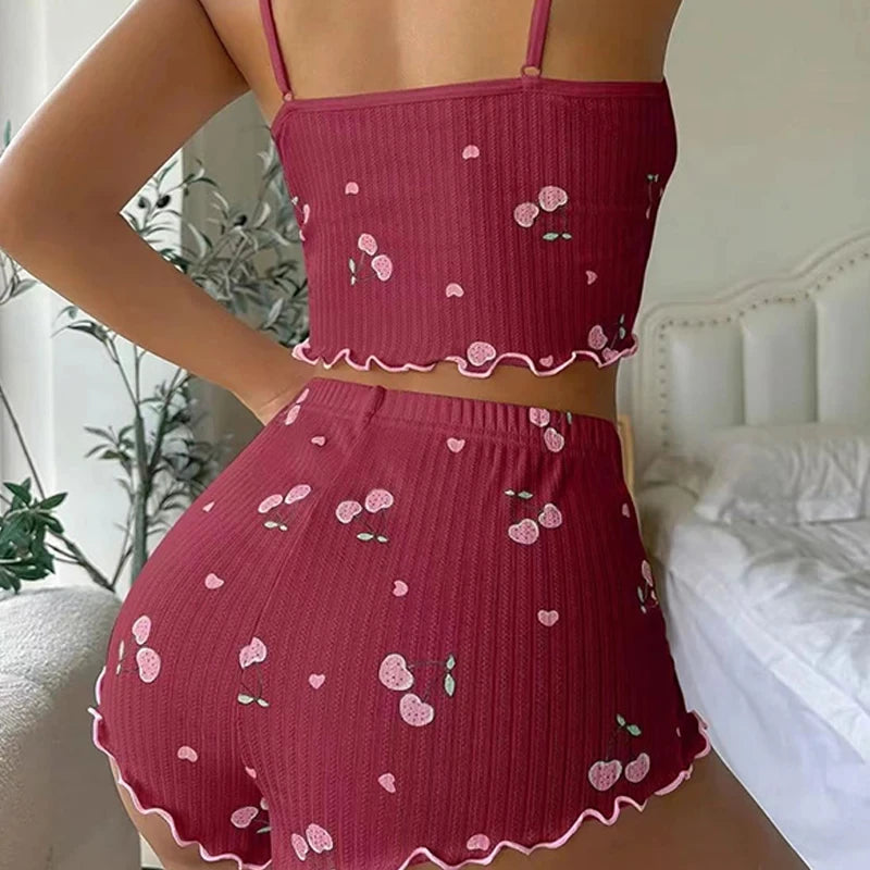 Sleepwear Women's Summer Pajama Set Heart Print Sexy Ribbed Bow Decor Round Neck Backless Crop Cami Top & Shorts Nightwear