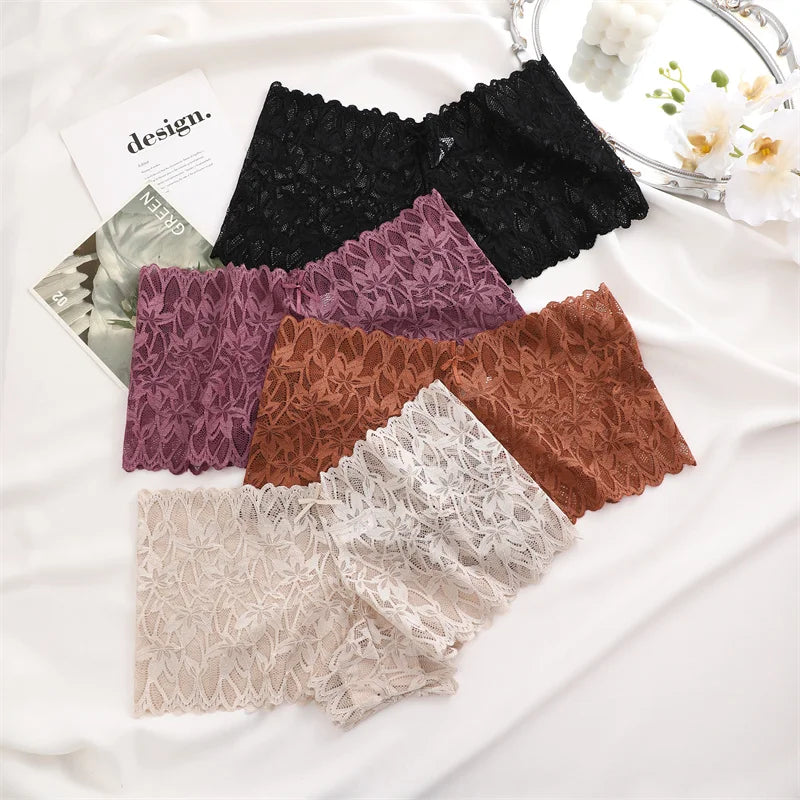 4PCS Women Floral Lace Panties Sexy Perspective Underwear V Waist Solid Color Underpants Female Breathable Intimates Lingerie