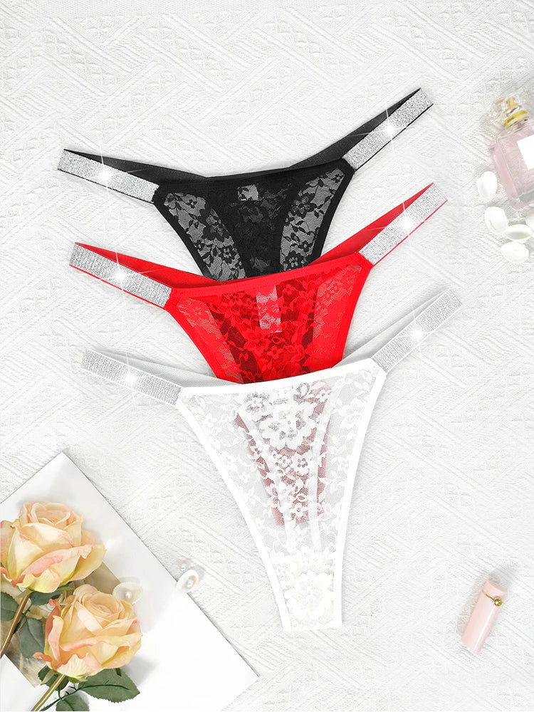 3pcs Sexy Thongs Lace Women Underwear Perspective Floral Panties Low Rise Two Shiny Belts G-string Comfortable Intimate Lingerie
