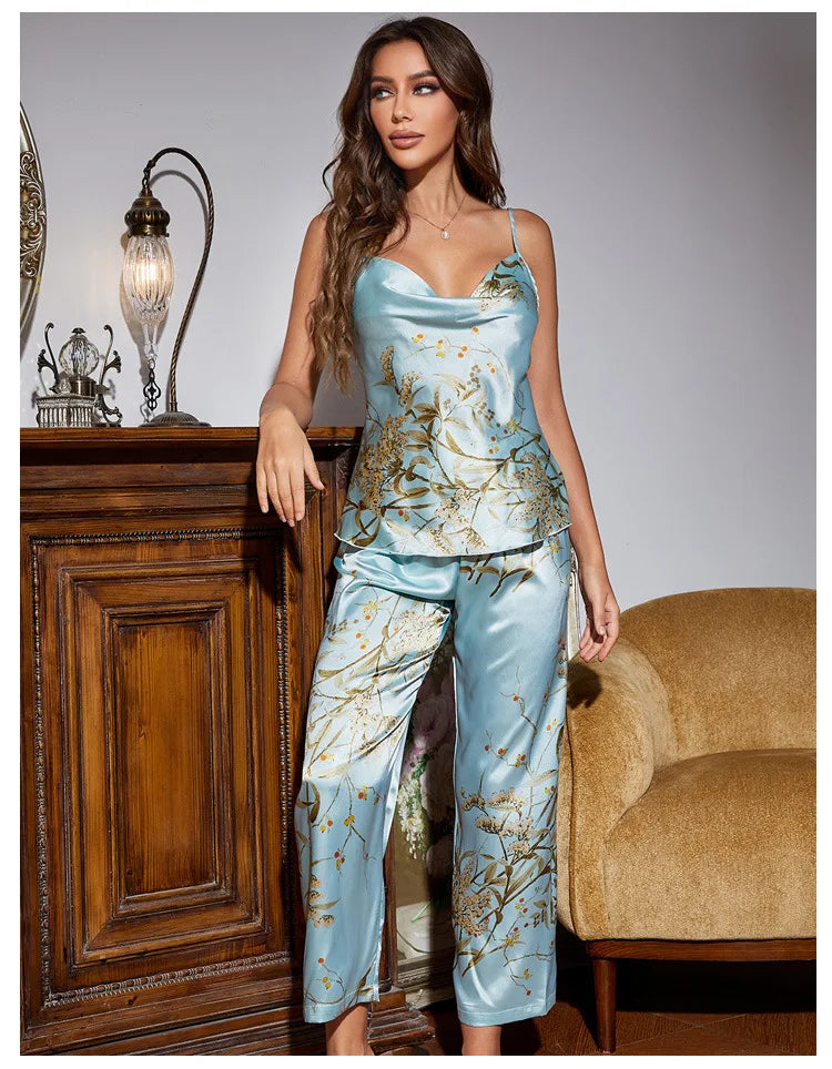 Women Pajamas Sexy Print Cherry Suspender Pijamas Suit Sleepwear Spring Summer Silk Rayon Home Clothes Sling Pants Two Piece Set