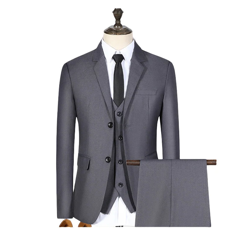 S-7XL Suit (Blazer+vest+pants) Business Dinner Gentleman Slim Gentleman Men British Style Dress Best Man Solid Color Group Suit