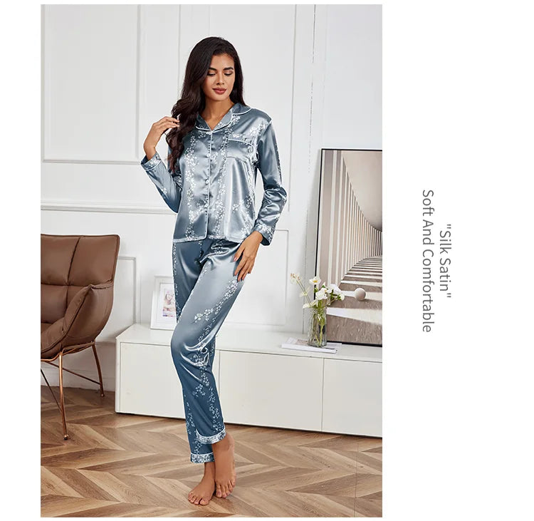 Pajamas For Women Home Clothes Autumn Satin Flower Print Sleepwear Long Sleeve Tops Pajama Pants Nightwear 2 Piece Pyjama Femme