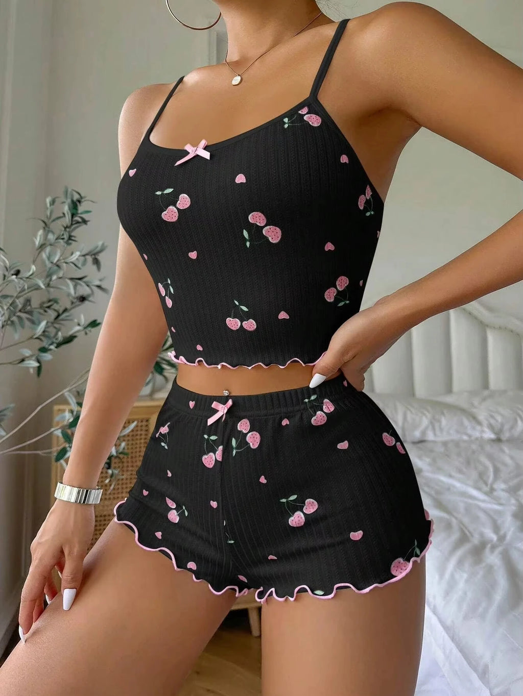 Sleepwear Women's Summer Pajama Set Heart Print Sexy Ribbed Bow Decor Round Neck Backless Crop Cami Top & Shorts Nightwear