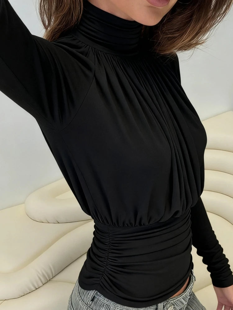 Solid Black T Shirts For Women Elegant Clothes Turtleneck Camisetas Lady Tops Long Sleeve Ropa De Mujer Shirring Feminist Shirt