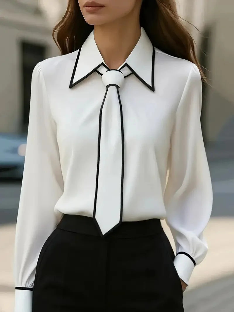 Women's Shirt Formal Bow Tie Long-sleeved Office Lady Shirt Women Fashionable Solid Color Autumn Shirt Blouses White Tops