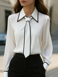 Women's Shirt Formal Bow Tie Long-sleeved Office Lady Shirt Women Fashionable Solid Color Autumn Shirt Blouses White Tops