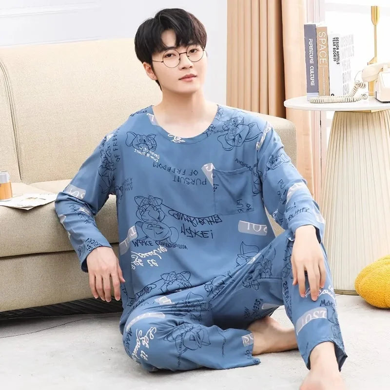 Men's Pajamas Set of Spring and Autumn Long-Sleeved Long Trousers Student Sleepwear Homewear Two-Piece O-Neck Top Plaid Trouser