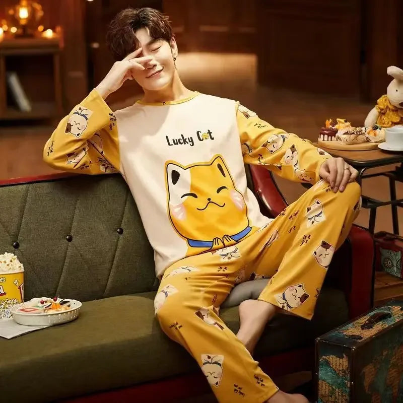 Men's Pajamas Set of Spring and Autumn Long-Sleeved Long Trousers Student Sleepwear Homewear Two-Piece O-Neck Top Plaid Trouser