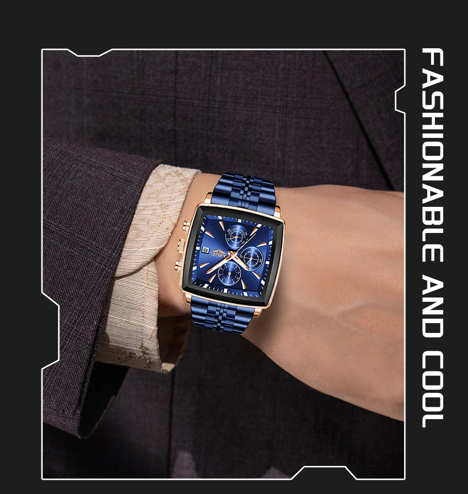 LIGE New Luxury Business Men Wristwatch Chronograph Waterproof Luminous Calendar Watch For Men Square Quartz Men's Watches Reloj