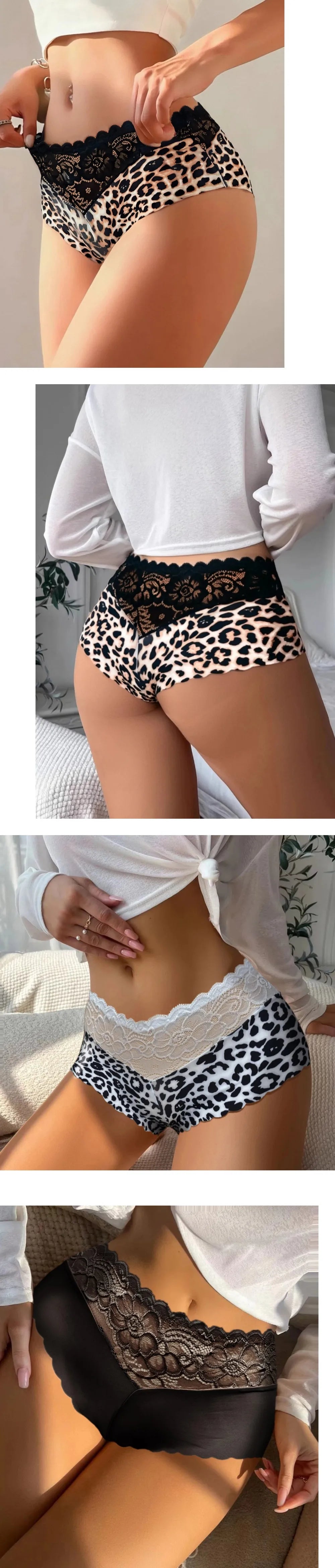 Women's 3 Pieces Panties Sexy Leopard Lace Lingerie Woman Underwear Ladies Underpants Solid Color Woman Clothing Knickers