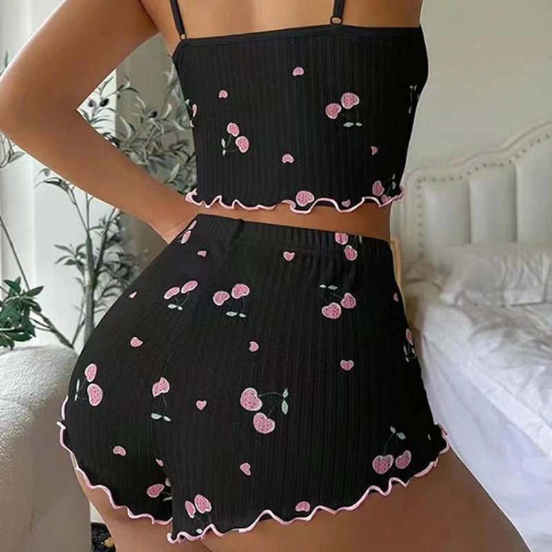 Sleepwear Women's Summer Pajama Set Heart Print Sexy Ribbed Bow Decor Round Neck Backless Crop Cami Top & Shorts Nightwear