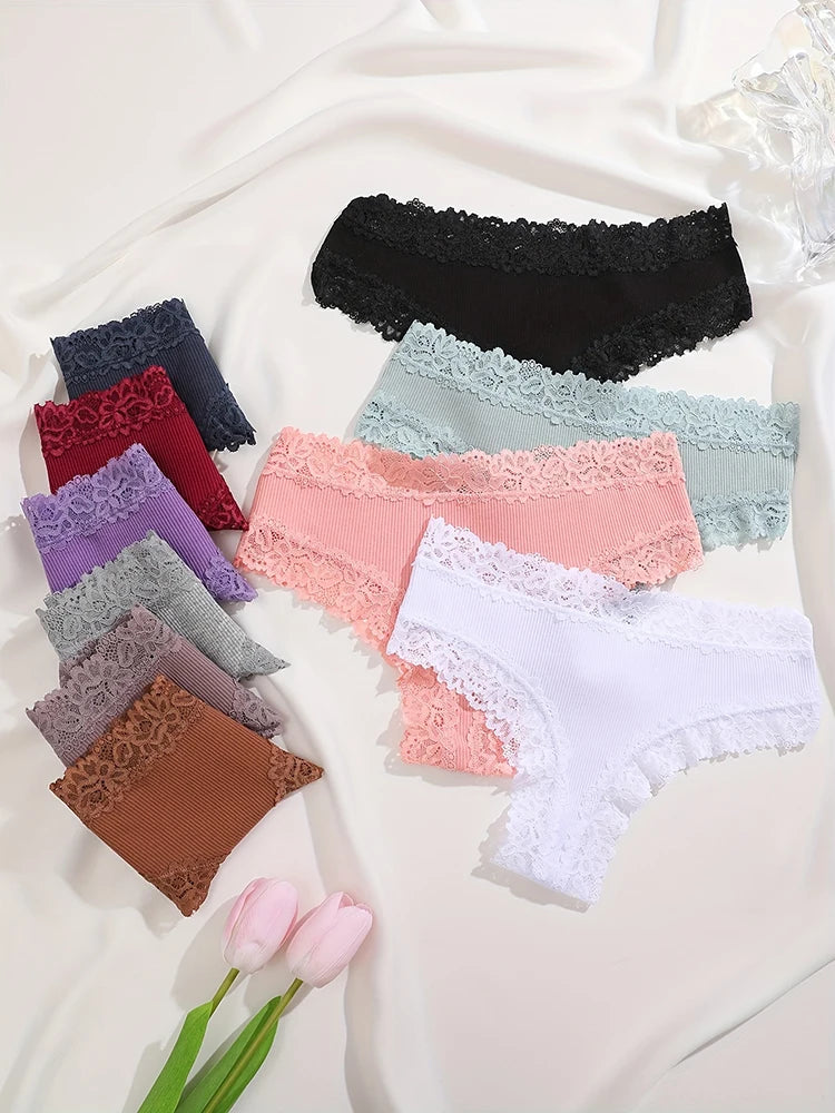 6PCS/Set Sexy Lace Cotton Panties Women Brazilian Panties Ladies Sexy Low Waist Elastic T-Back Bikini Solid Soft Lingerie S-XL