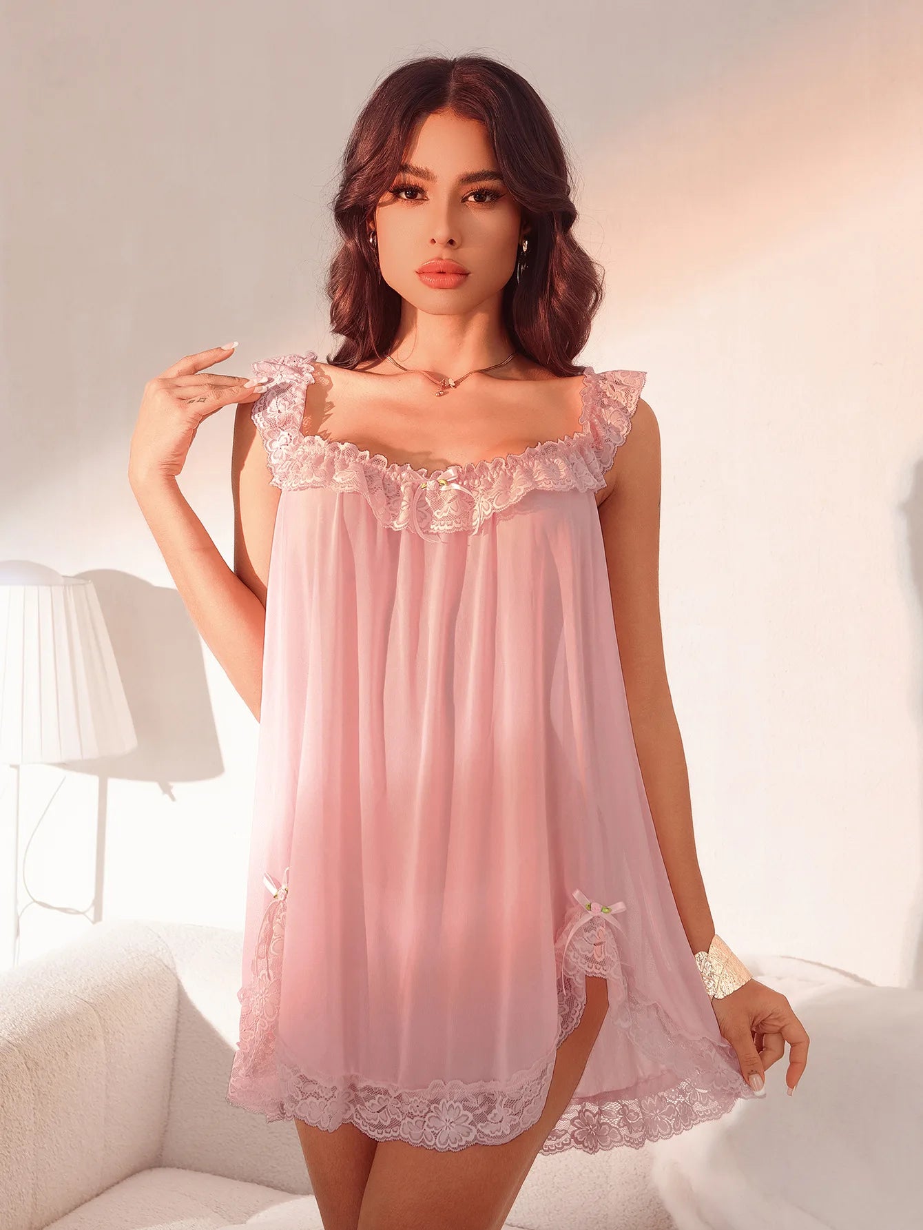 Women Nightdress Sexy Sleeveless Lace Trim Sleep Dress Sleepwear Loungewear With Briefs Ladies Erotic Dresses Sexy Woman
