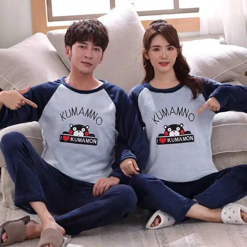 2pcs/Set Fall And Winter Coral Fleece Couple Pajamas Women's Thickened Padded Warm Facecloth Men's Home Wear Clothes top + pants