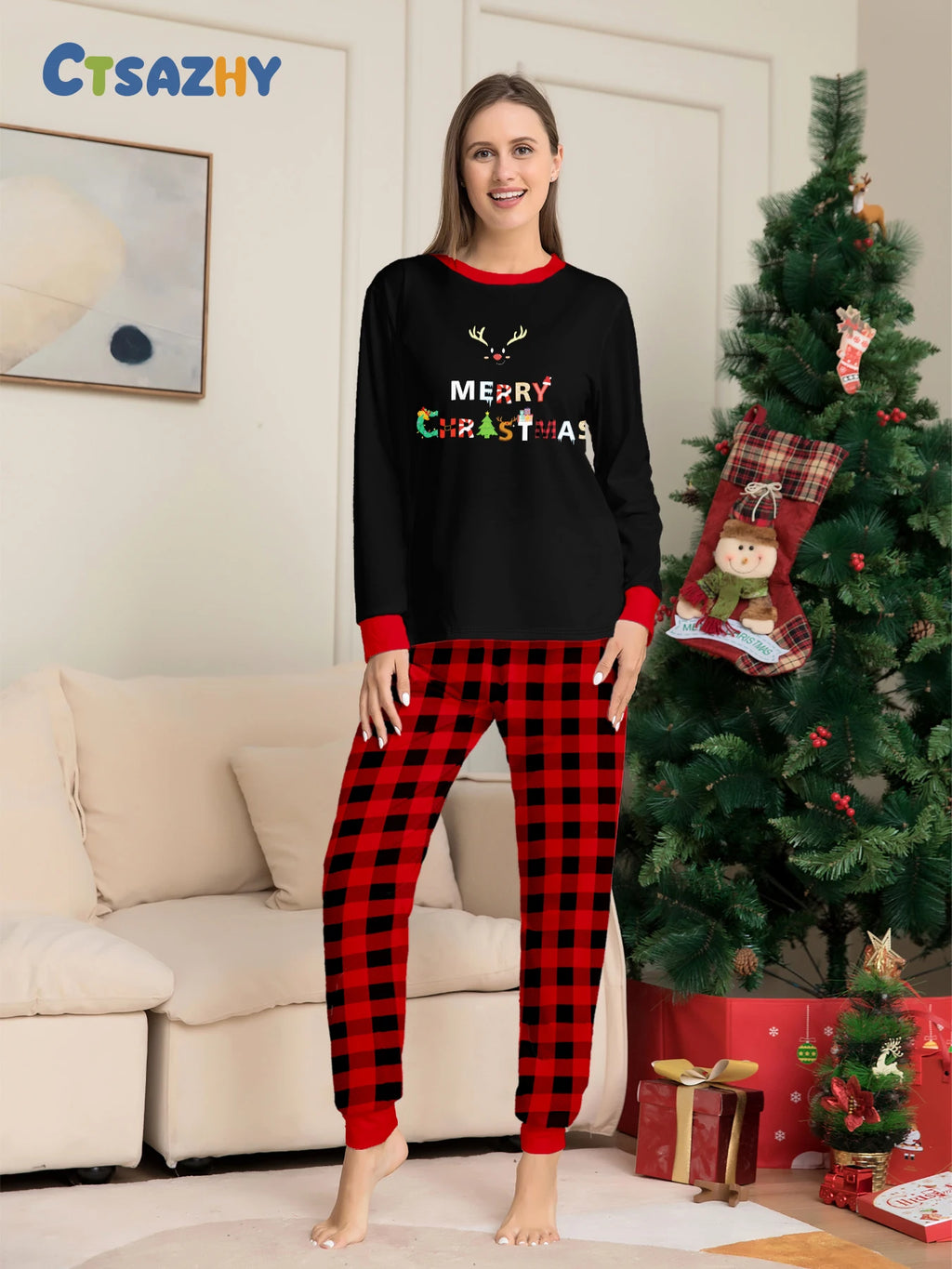 Christmas Couple Pajamas Set: Black Tops with Reindeer Horns & 'MERRY CHRISTMAS' Print, Red - Black Plaid Pants