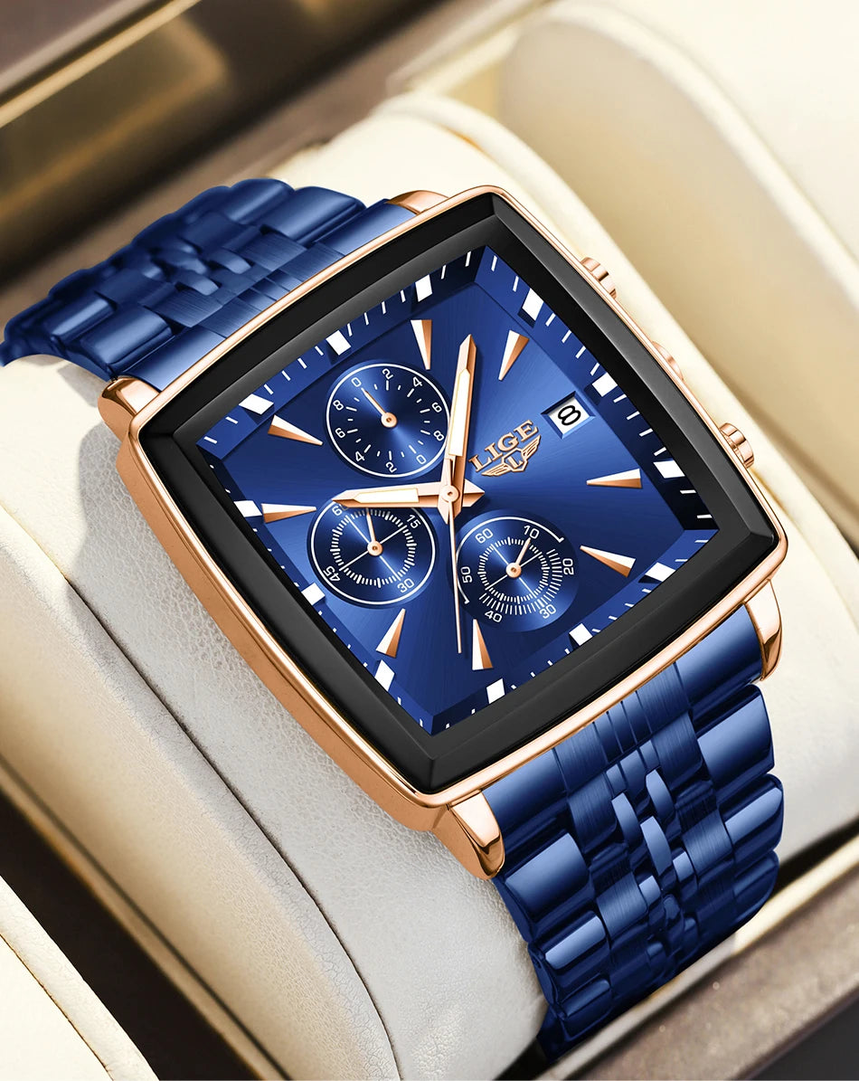 LIGE New Luxury Business Men Wristwatch Chronograph Waterproof Luminous Calendar Watch For Men Square Quartz Men's Watches Reloj