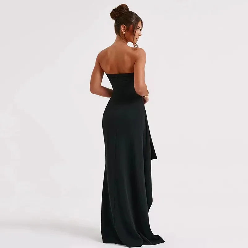 Strapless Backless High Split Maxi Dress For Women Black Off-shoulder Sleeveless Bodycon Club Party Long Dress Clothes