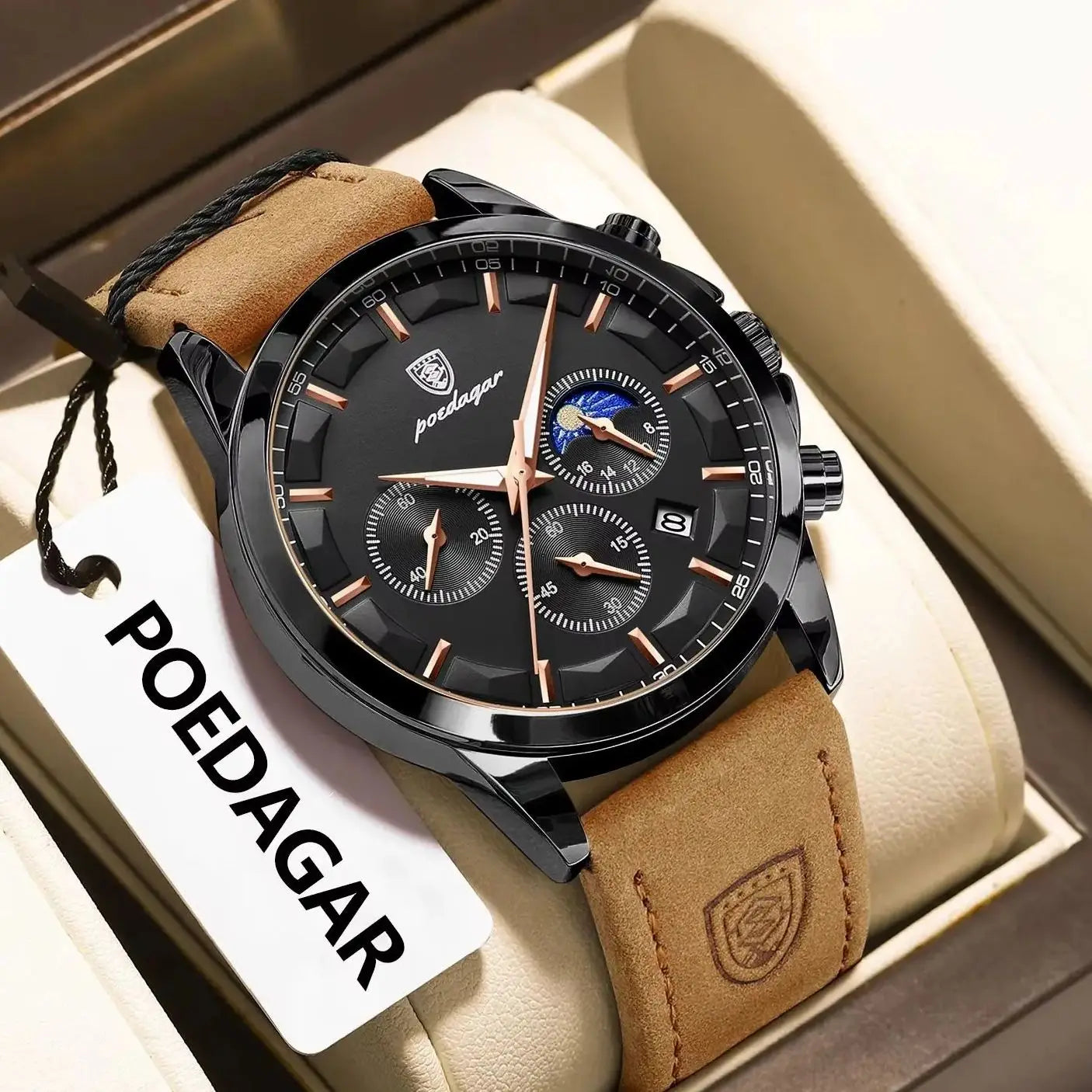 POEDAGAR Luxury Stylish Male Wristwatch Waterproof Chronograph Luminous Date Man Watch Leather Quartz Sports Men's Watches Reloj