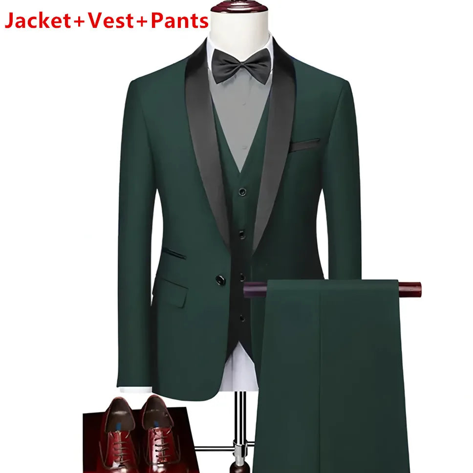 High-end Brand Formal Business Mens Suit Three-piece Groom Wedding Dress Solid Color Suit