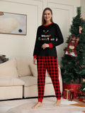 Christmas Couple Pajamas Set: Black Tops with Reindeer Horns & 'MERRY CHRISTMAS' Print, Red - Black Plaid Pants