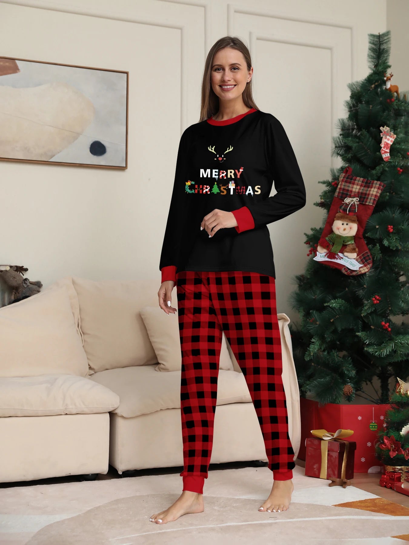 Christmas Couple Pajamas Set: Black Tops with Reindeer Horns & 'MERRY CHRISTMAS' Print, Red - Black Plaid Pants