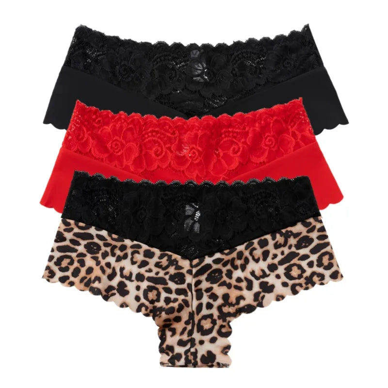 Women's 3 Pieces Panties Sexy Leopard Lace Lingerie Woman Underwear Ladies Underpants Solid Color Woman Clothing Knickers