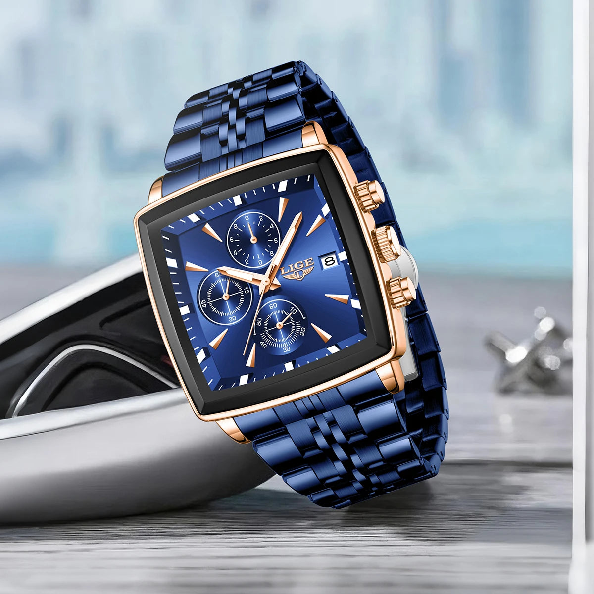 LIGE New Luxury Business Men Wristwatch Chronograph Waterproof Luminous Calendar Watch For Men Square Quartz Men's Watches Reloj