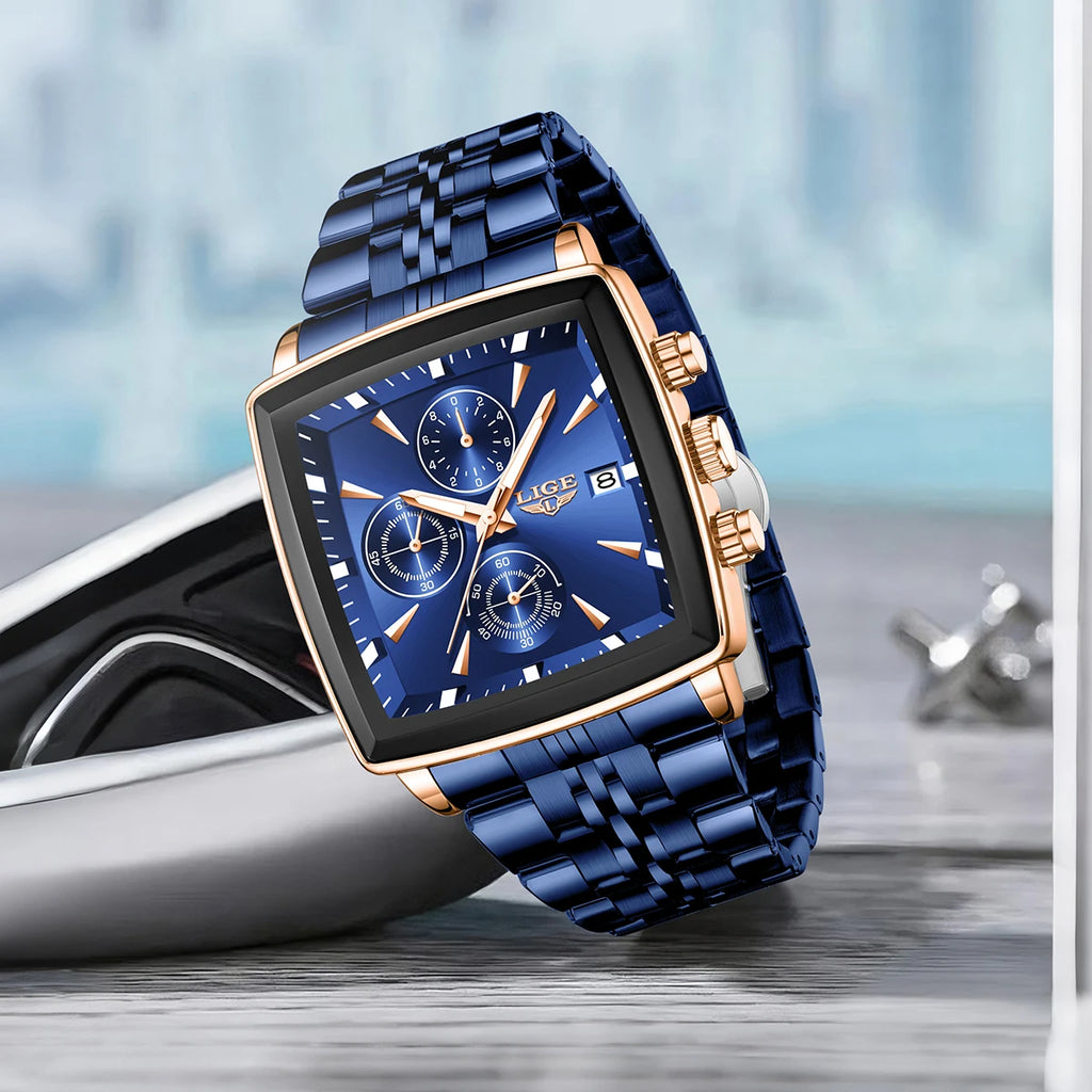 LIGE New Luxury Business Men Wristwatch Chronograph Waterproof Luminous Calendar Watch For Men Square Quartz Men's Watches Reloj