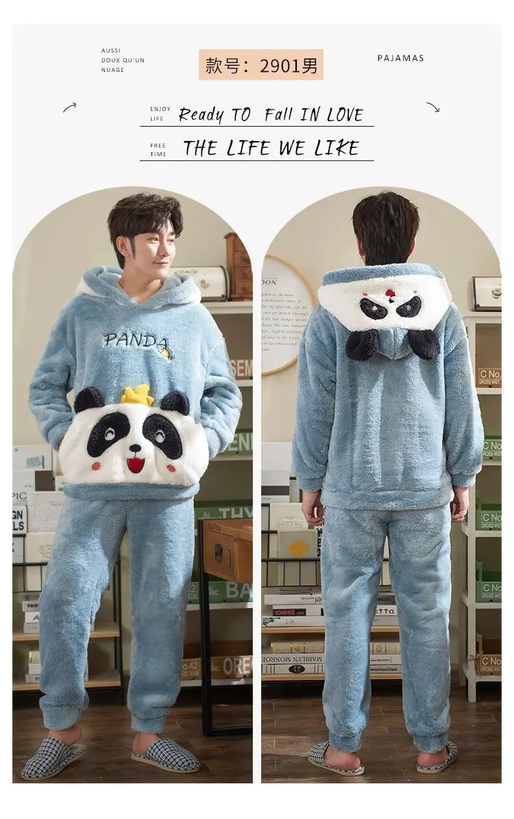 Couples Pajamas Women Men Winter Thicken Pyjamas Sleepwear Cartoon Dinosaur Korean Lovers Homewear Soft Warm Hoodies Pijama