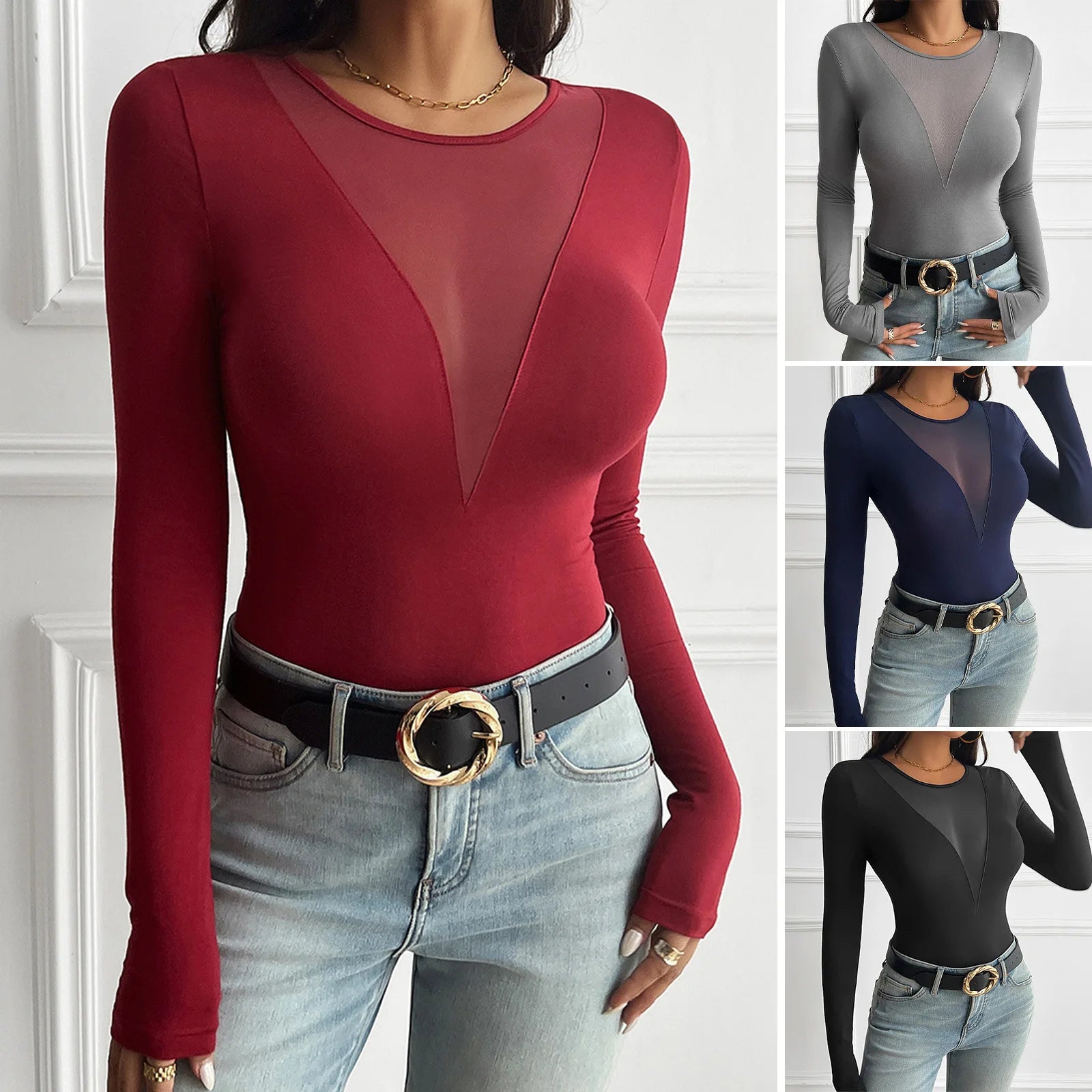 Sexy Deep V Long Sve T-irt Women's Autumn Winter Knitted Patchwork Slim Fit Y2K Crop Top Thiened European Sle