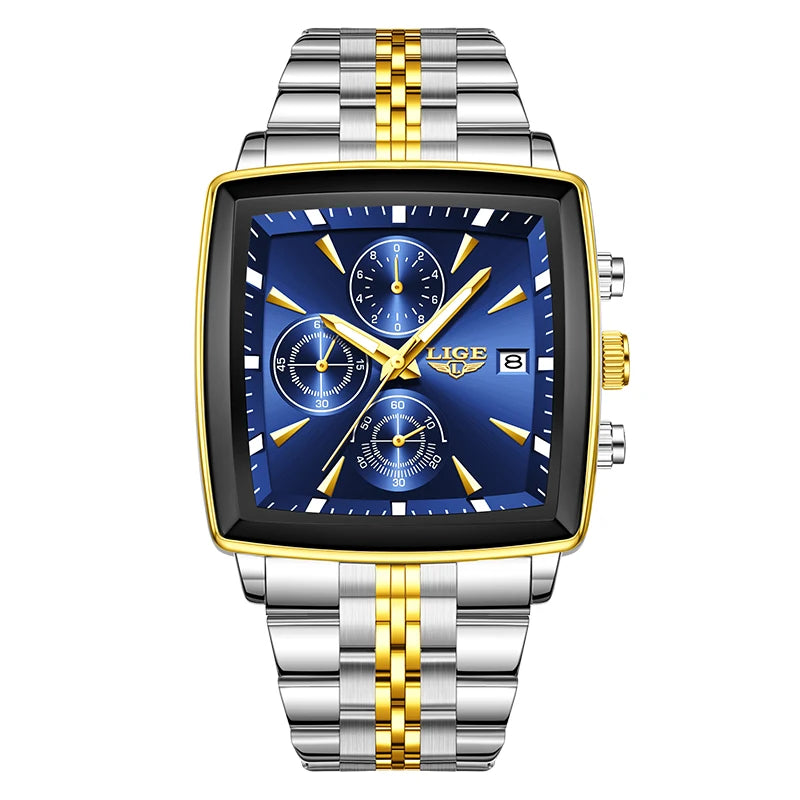 LIGE New Luxury Business Men Wristwatch Chronograph Waterproof Luminous Calendar Watch For Men Square Quartz Men's Watches Reloj
