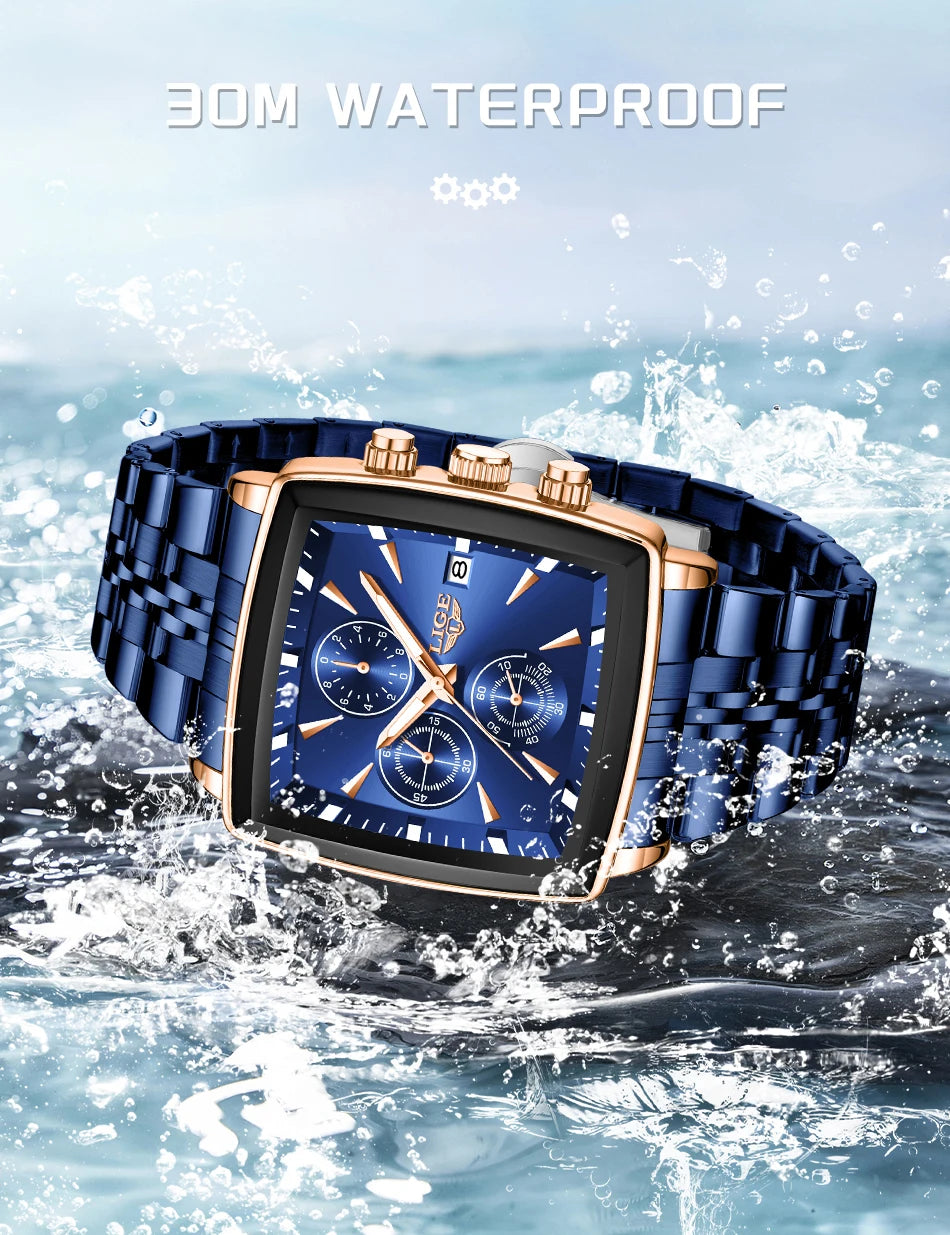 LIGE New Luxury Business Men Wristwatch Chronograph Waterproof Luminous Calendar Watch For Men Square Quartz Men's Watches Reloj